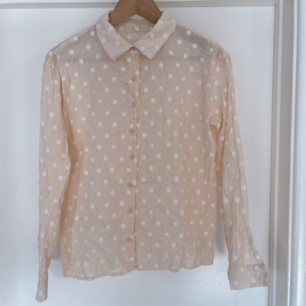 Copper Key Pastel Peach Sheer Textured Polka Dot Button Down Top Size Med